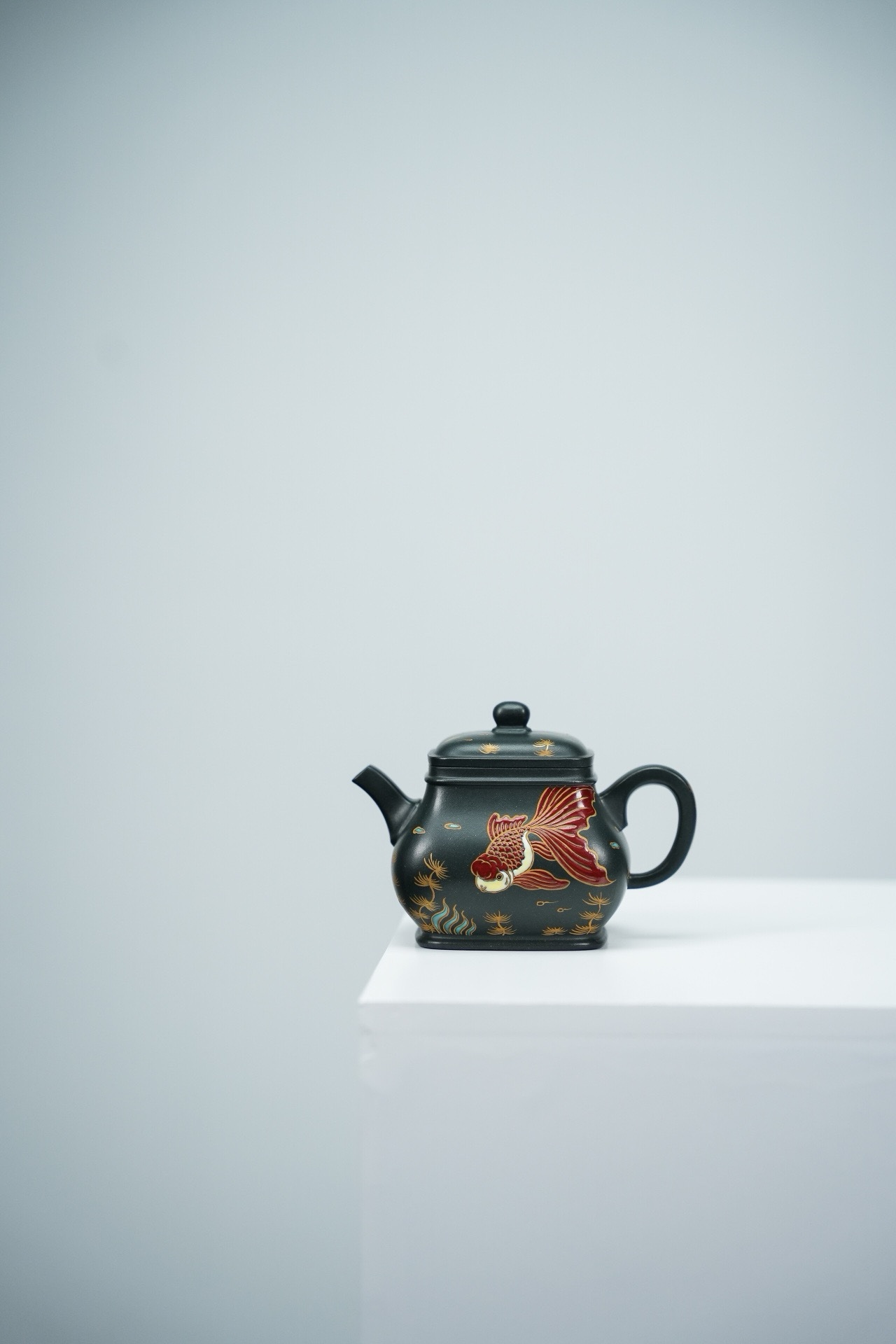 四方潘壶·精工·180cc宜兴紫砂壶顶级墨绿泥手工珐琅彩慕古经典珐琅彩塑